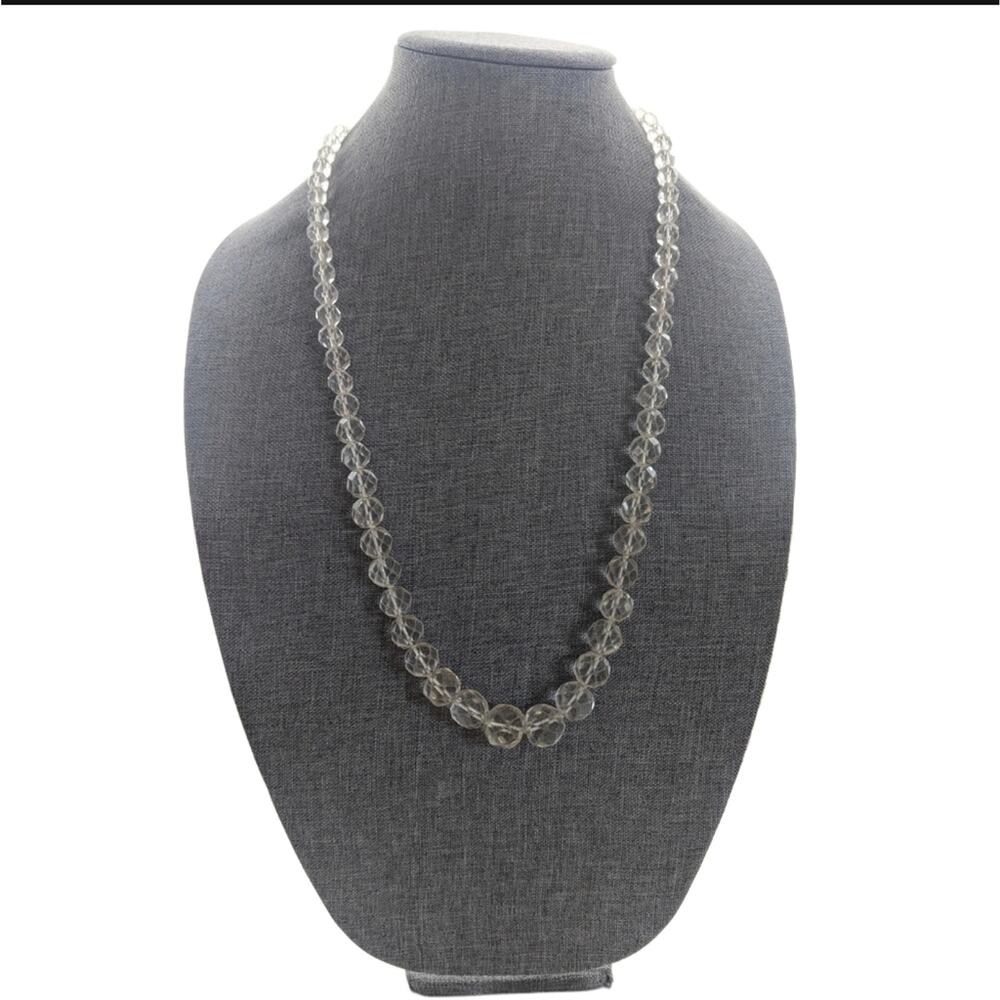 Vintage Art Deco Faceted Cut Crystal Quartz Stone Graduated Beaded Necklace 28"